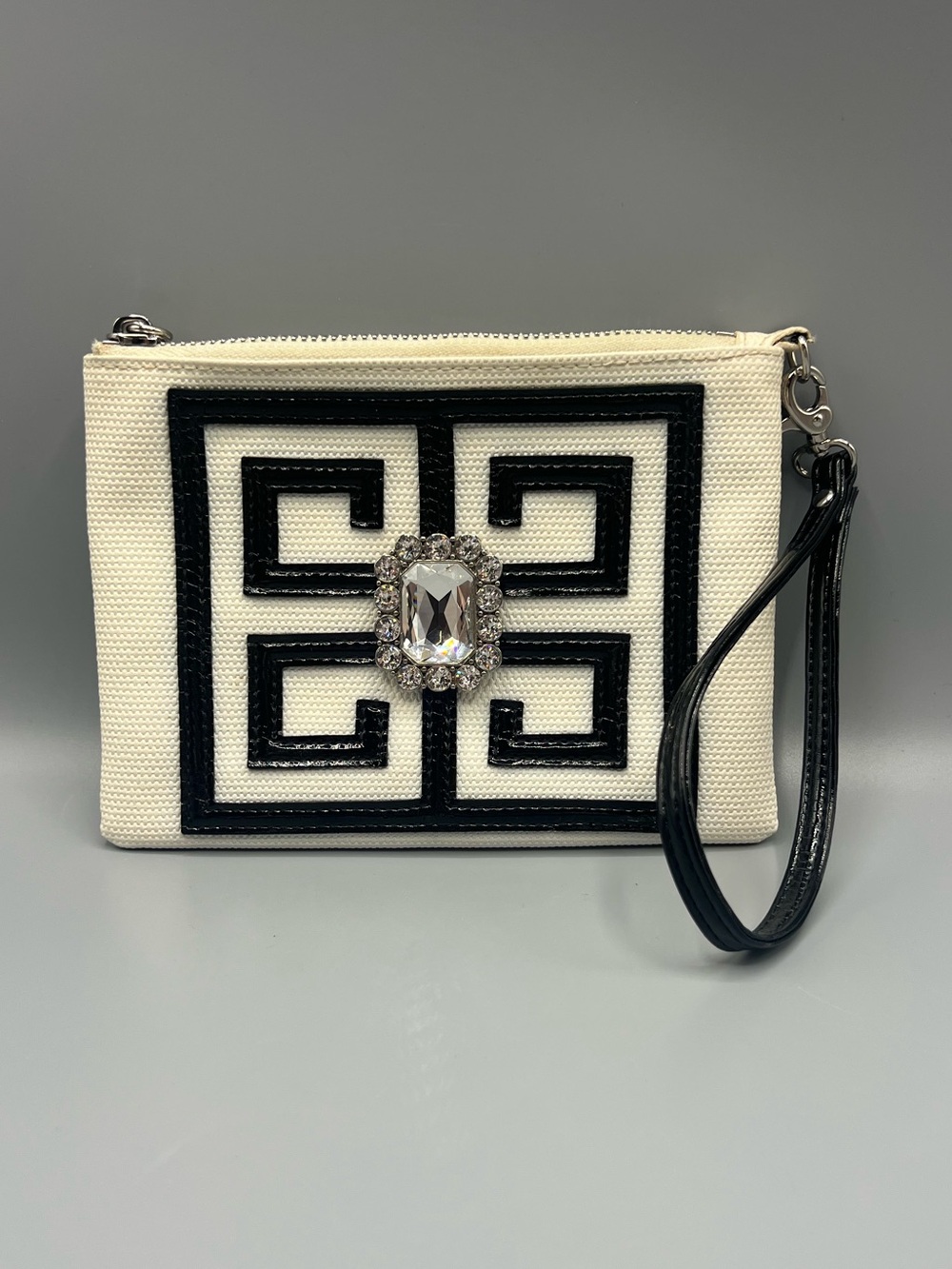 Brighton White Black Greek Key Wristlet Clutch Rhinestone Zip Pouch